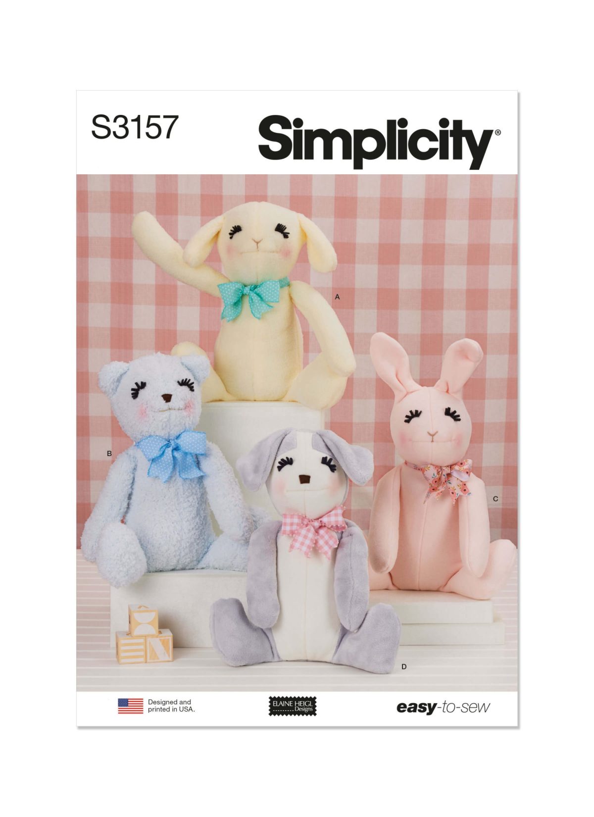 Simplicity Sewing Pattern S3157 Seated Plush Animals by Elaine Heigl Designs
