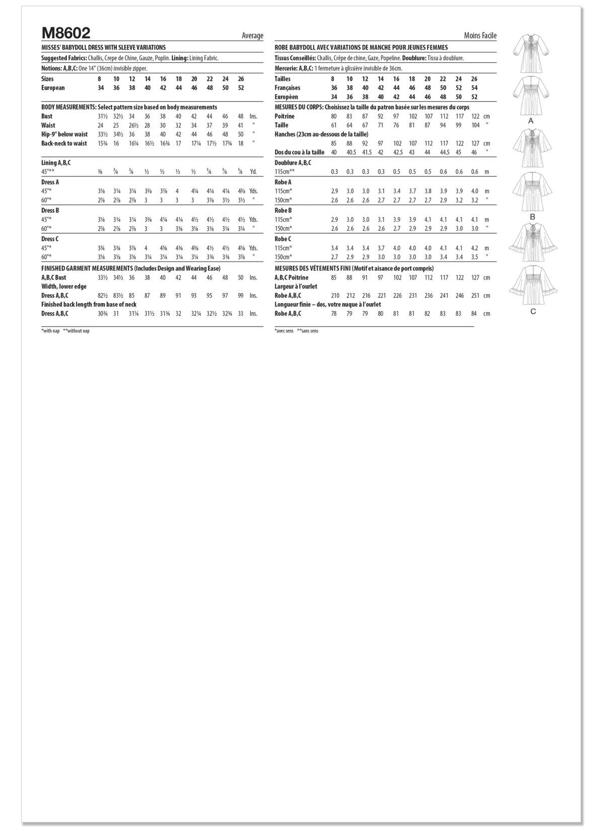 McCall's Sewing Pattern M8602 Misses' Babydoll Dress with Sleeve Variations