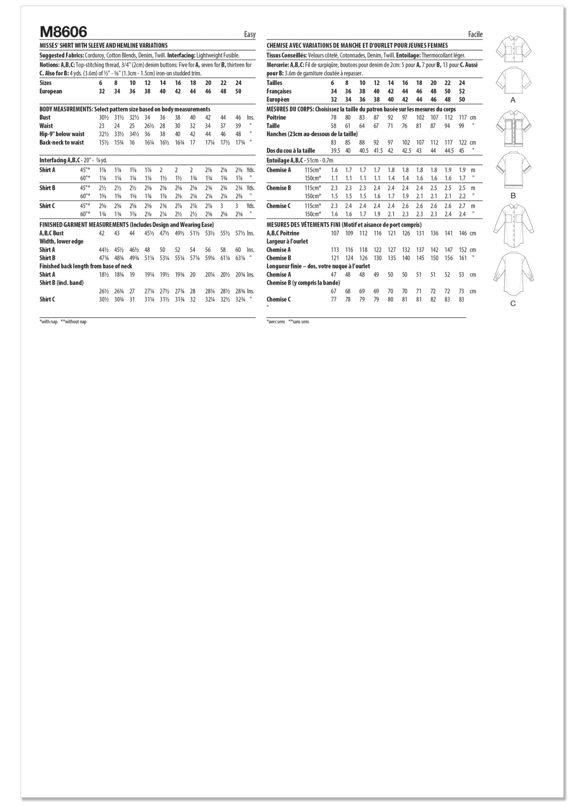 McCall's Sewing Pattern M8606 Misses' Shirt with Sleeve and Hemline Variations