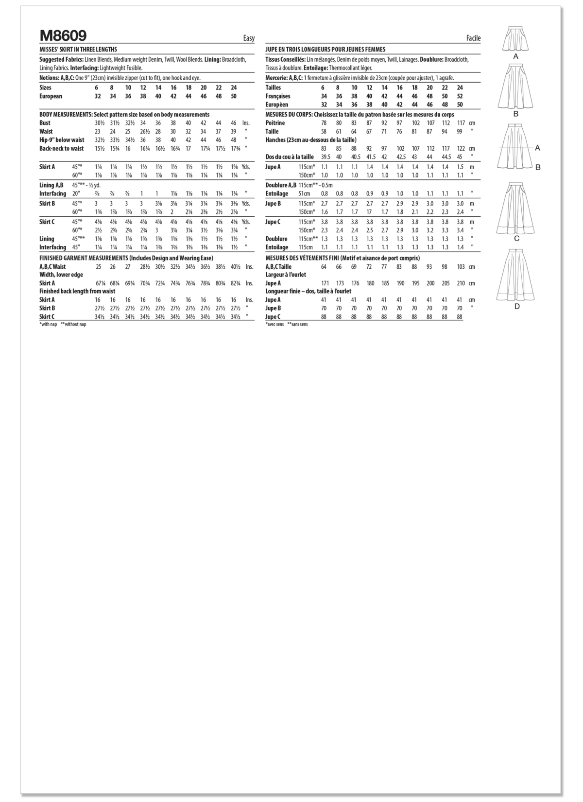 McCall's Sewing Pattern M8609 Misses' Skirt in Three Lengths