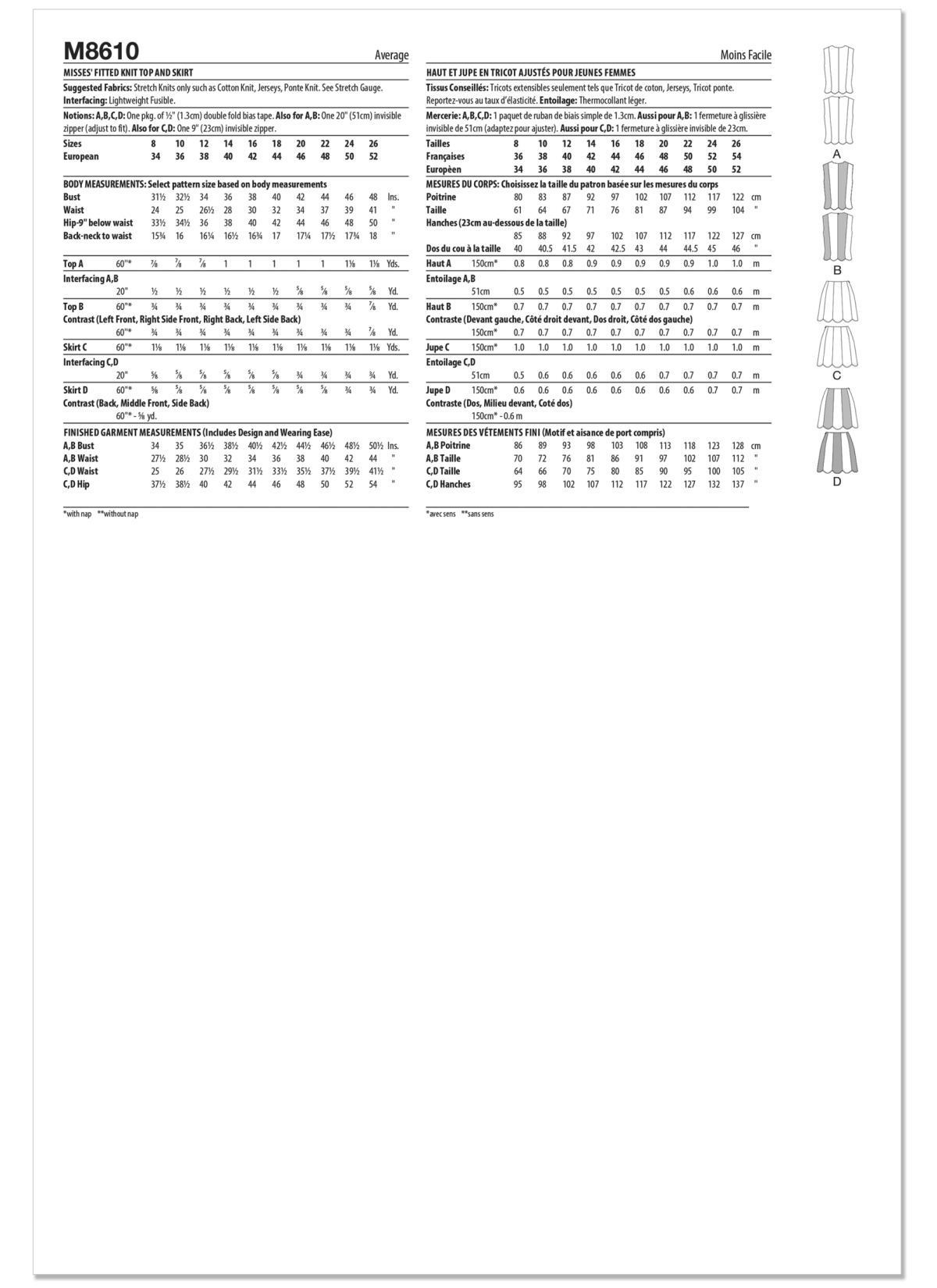McCall's Sewing Pattern M8610 Misses' Fitted Knit Top and Skirt