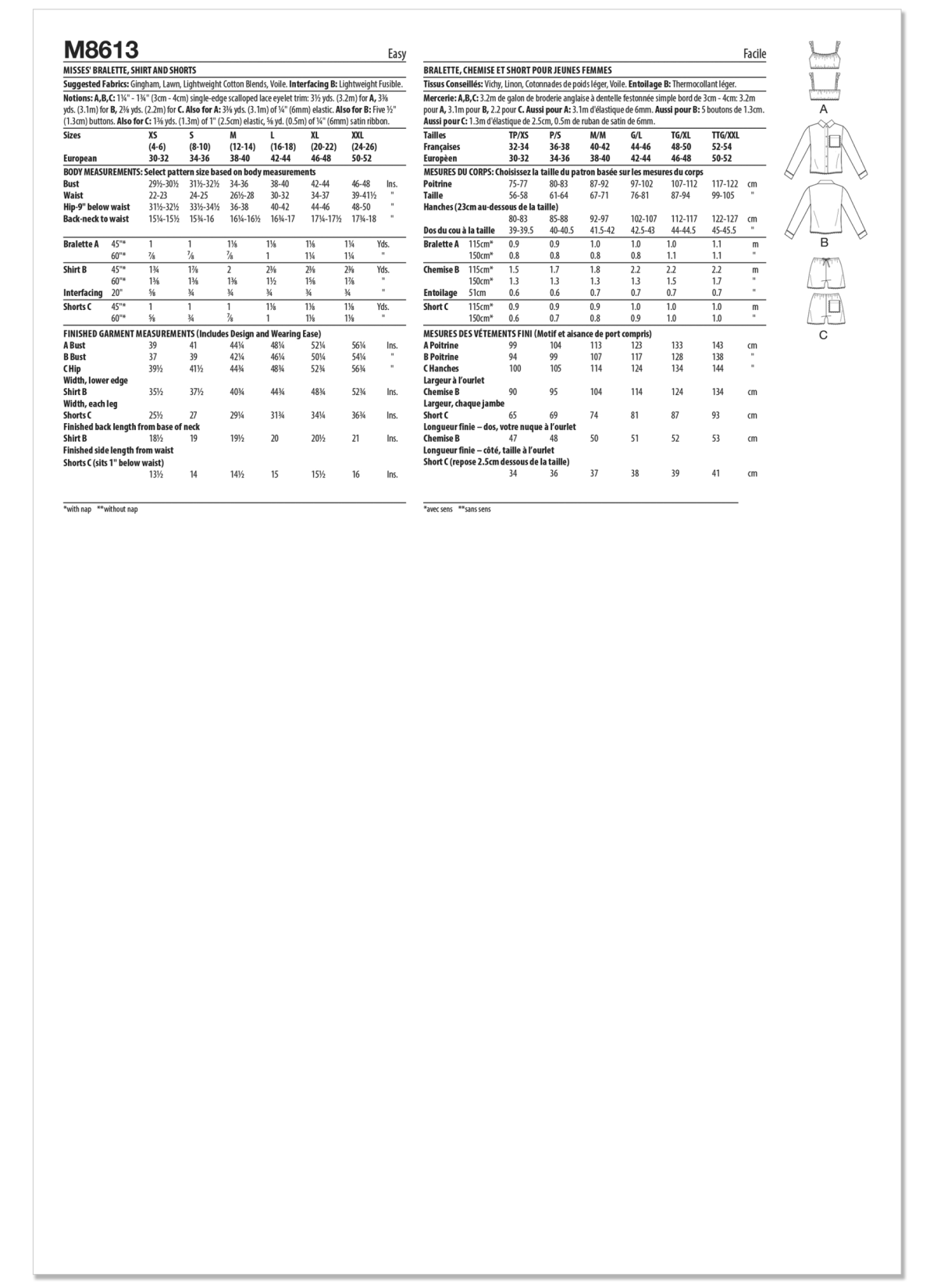 McCall's Sewing Pattern M8613 Misses' Bralette, Shirt and Shorts