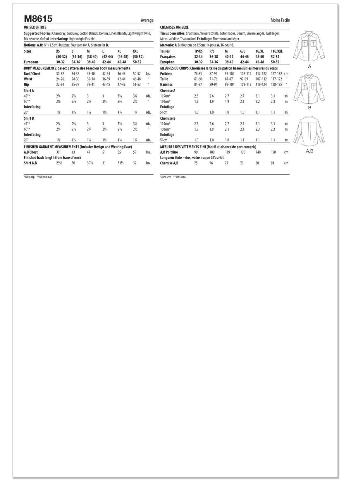 McCall's Sewing Pattern M8615 Unisex Shirts