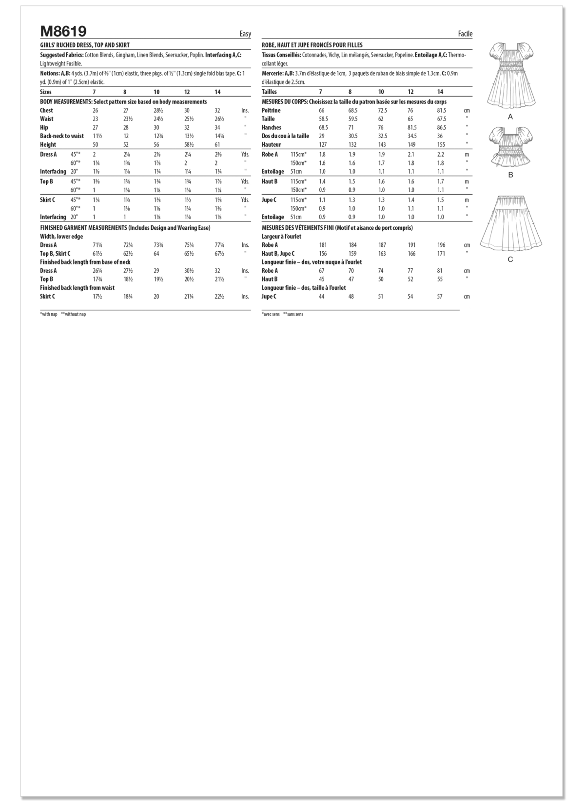 McCall's Sewing Pattern M8619 Girls' Ruched Dress, Top and Skirt