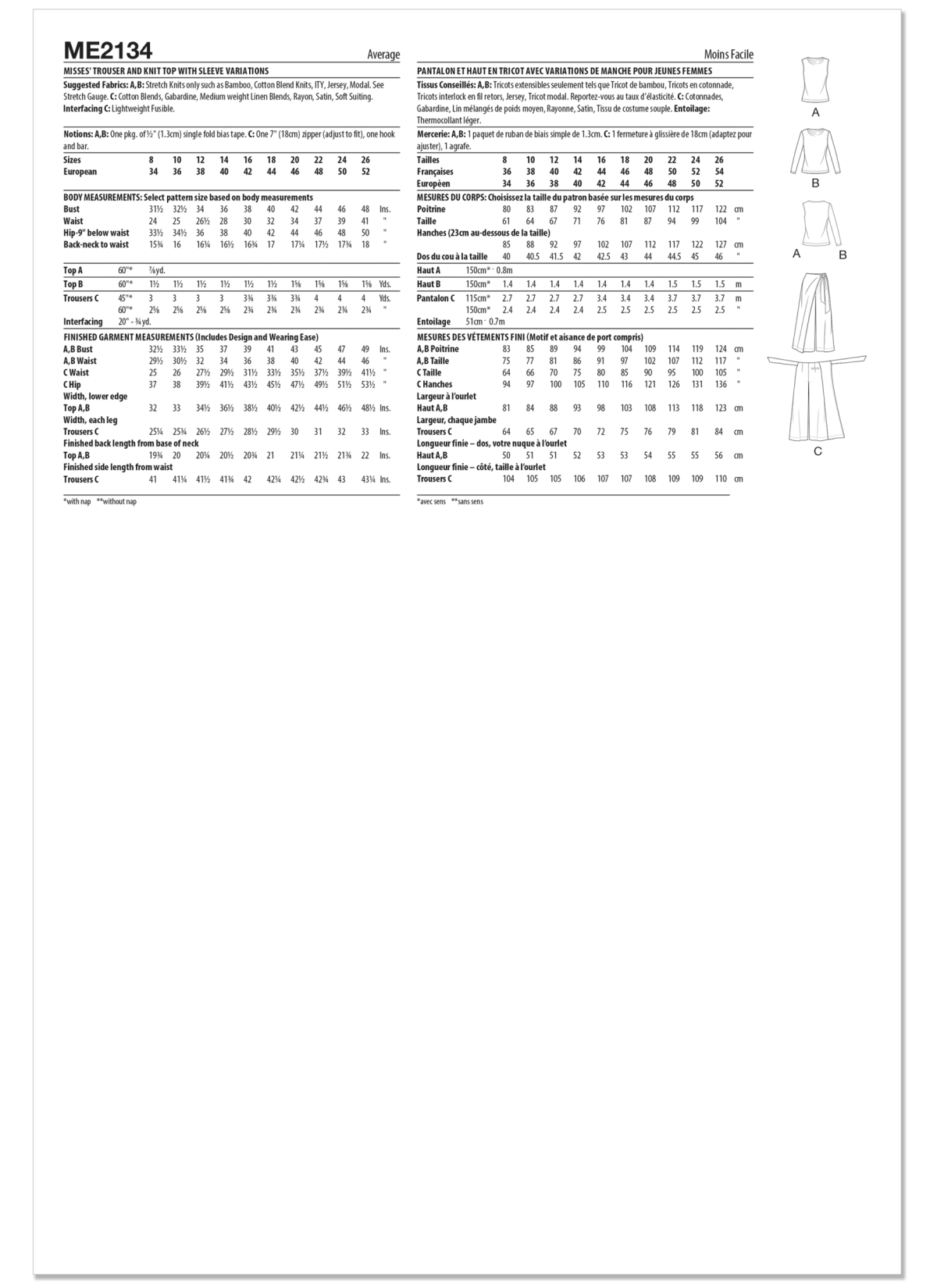 Know Me Sewing Pattern ME2134 Misses' Trouser and Knit Top with Sleeve Variations by Sew Bake Make