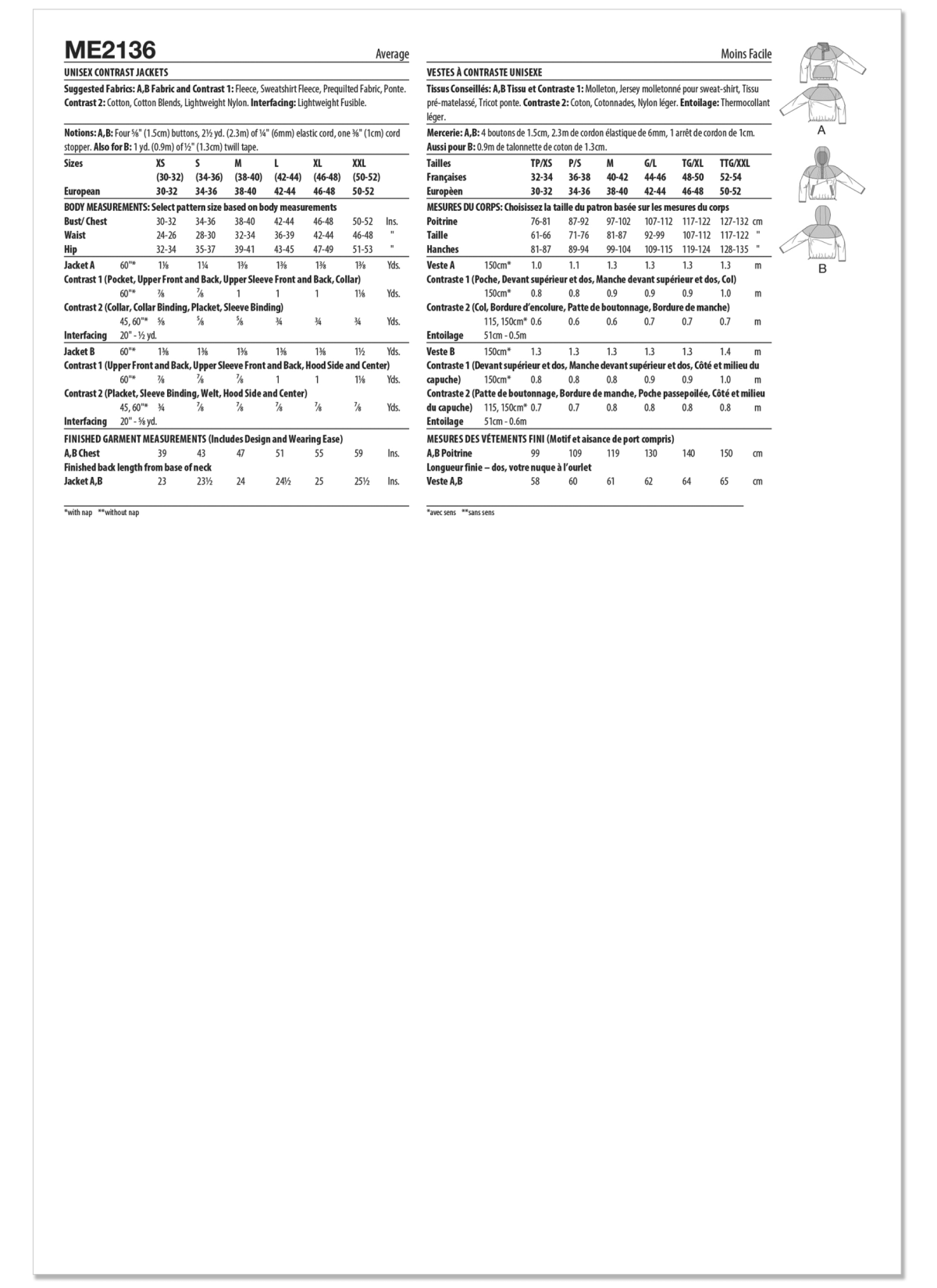 Know Me Sewing Pattern ME2136 Unisex Contrast Jackets by Donny Q