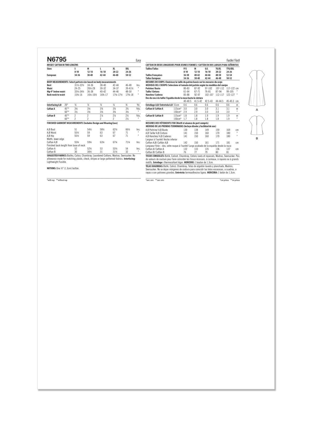 New Look Sewing Pattern N6795 Misses' Caftan in Two Lengths