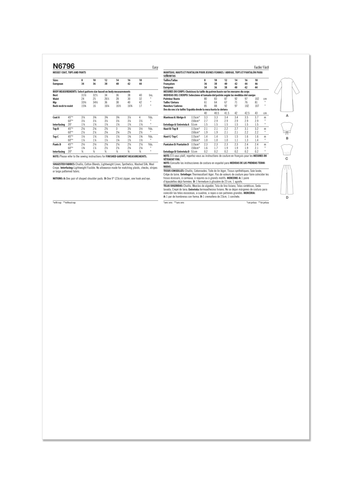New Look Sewing Pattern N6796 Misses' Coat, Tops and Trousers