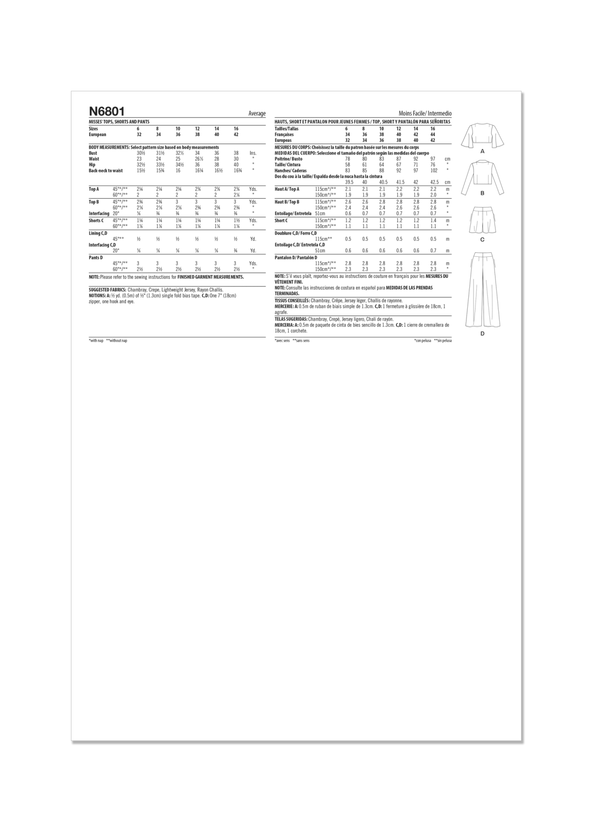 New Look Sewing Pattern N6801 Misses' Tops, Shorts and Trousers