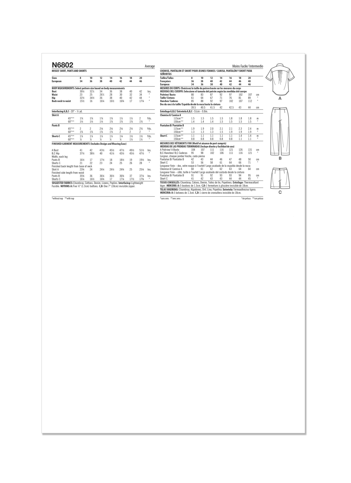 New Look Sewing Pattern N6802 Misses' Shirt, Trousers and Shorts