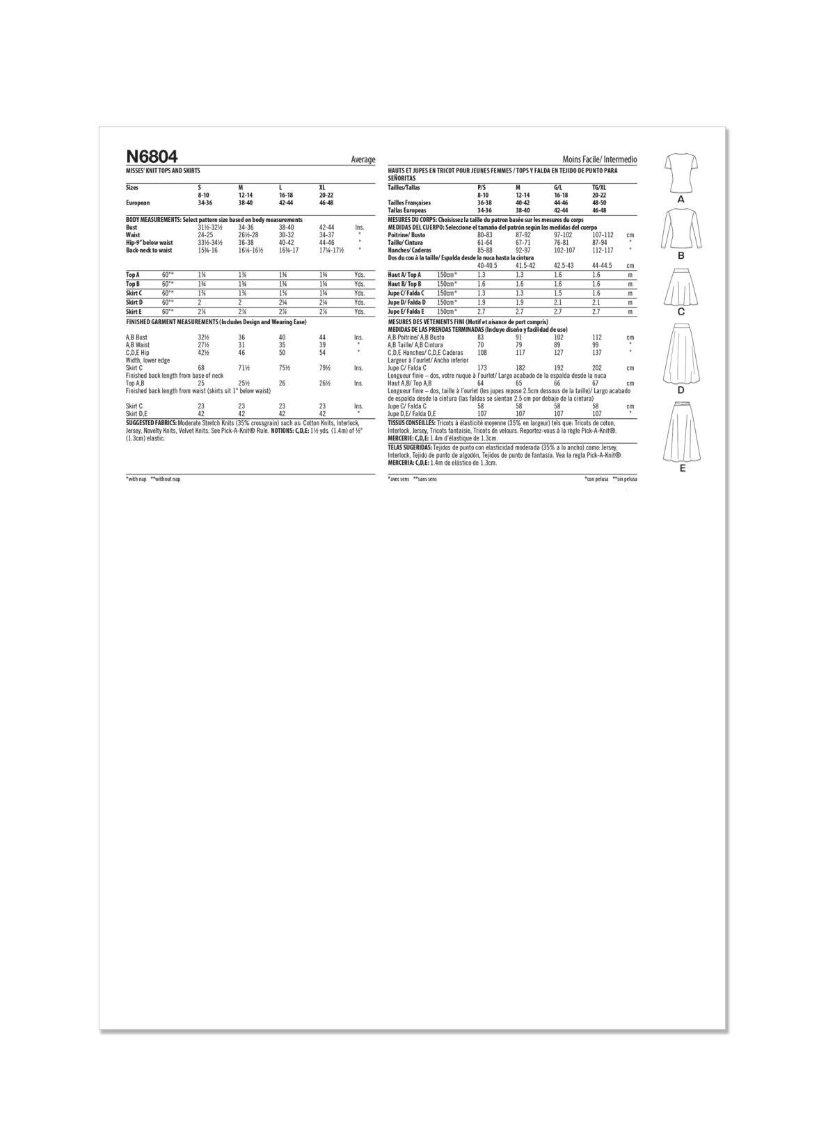 New Look Sewing Pattern N6804 Misses' Knit Tops and Skirts