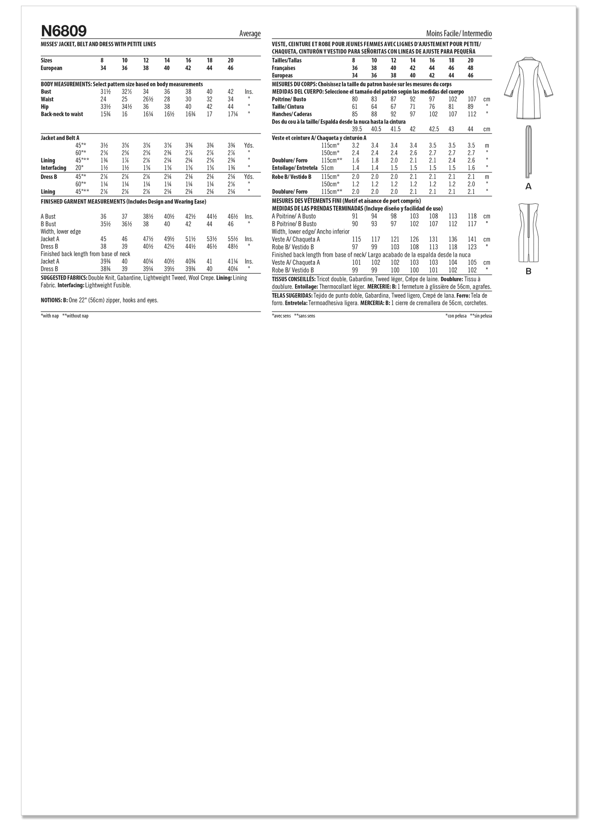 New Look Sewing Pattern N6809 Misses' Jacket, Belt and Dress with Petite Lines