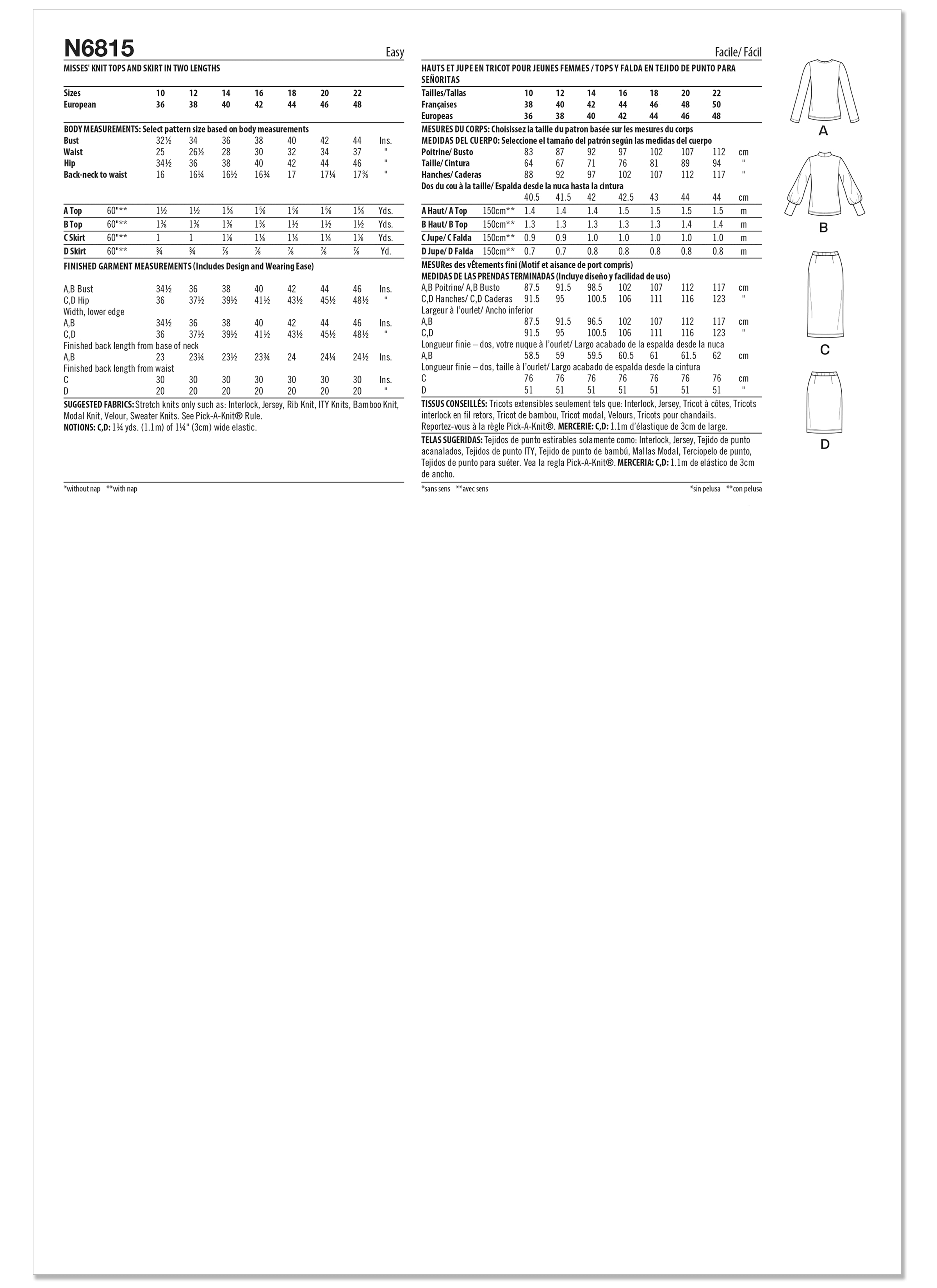 New Look Sewing Pattern N6815 Misses' Knit Tops and Skirt In Two Lengths