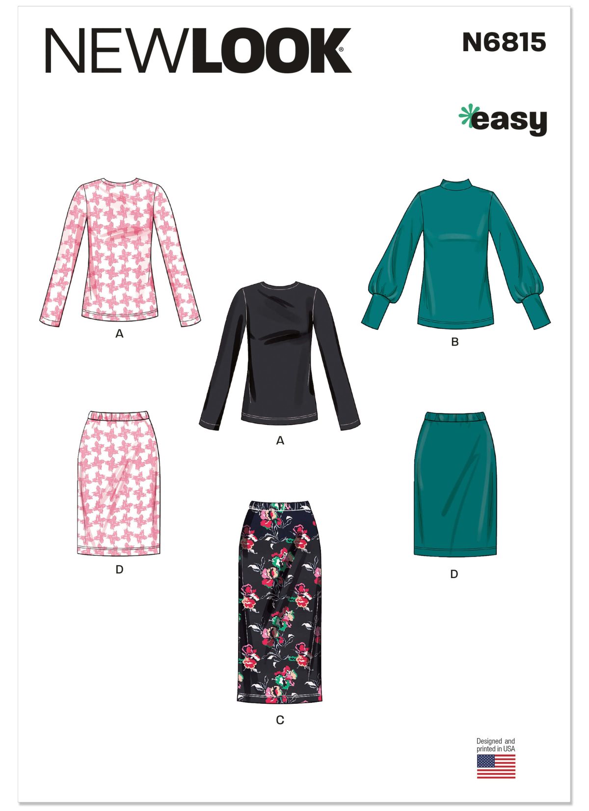 New Look Sewing Pattern N6815 Misses' Knit Tops and Skirt In Two Lengths