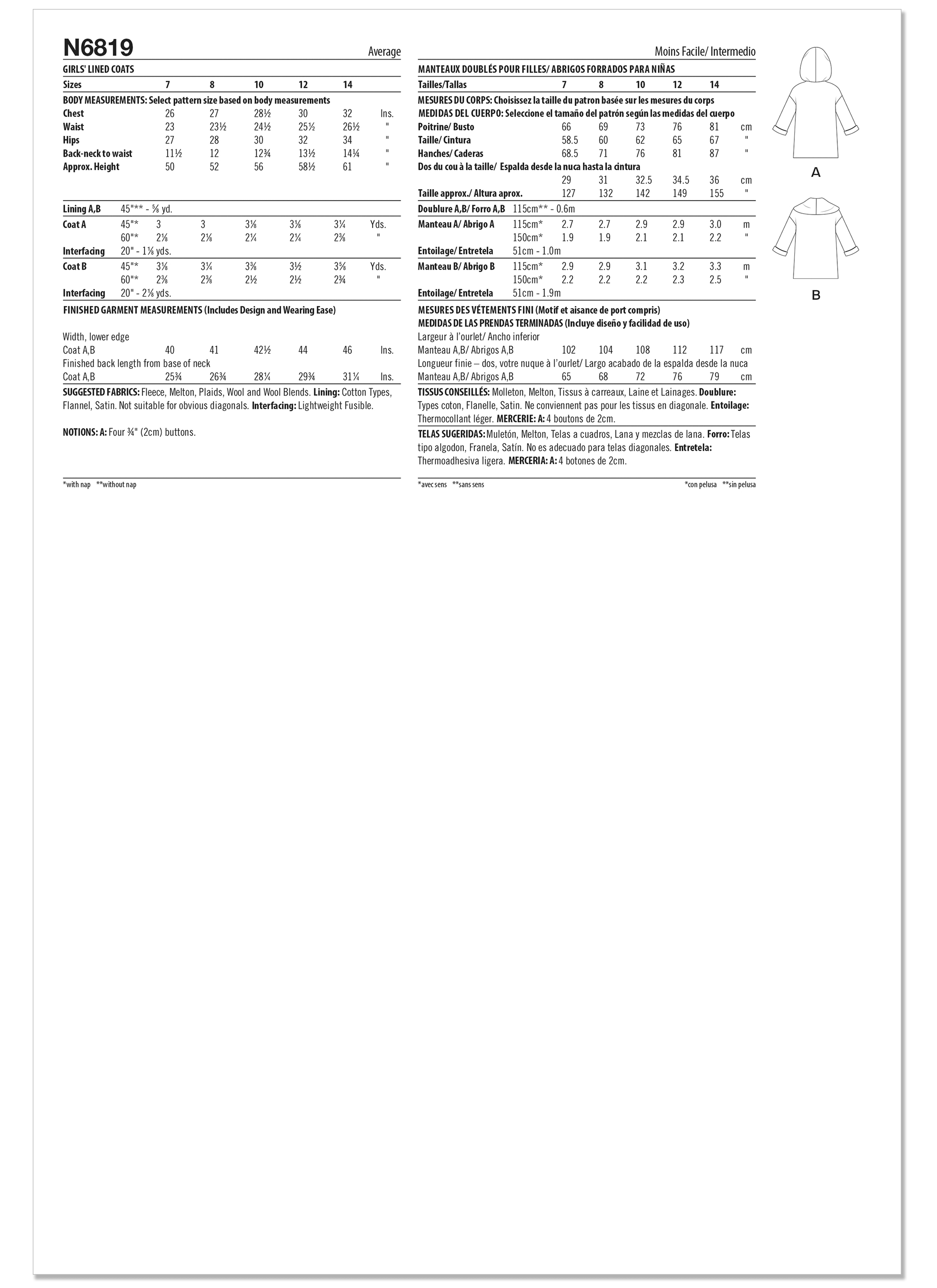New Look Sewing Pattern N6819 Girls' Lined Coats