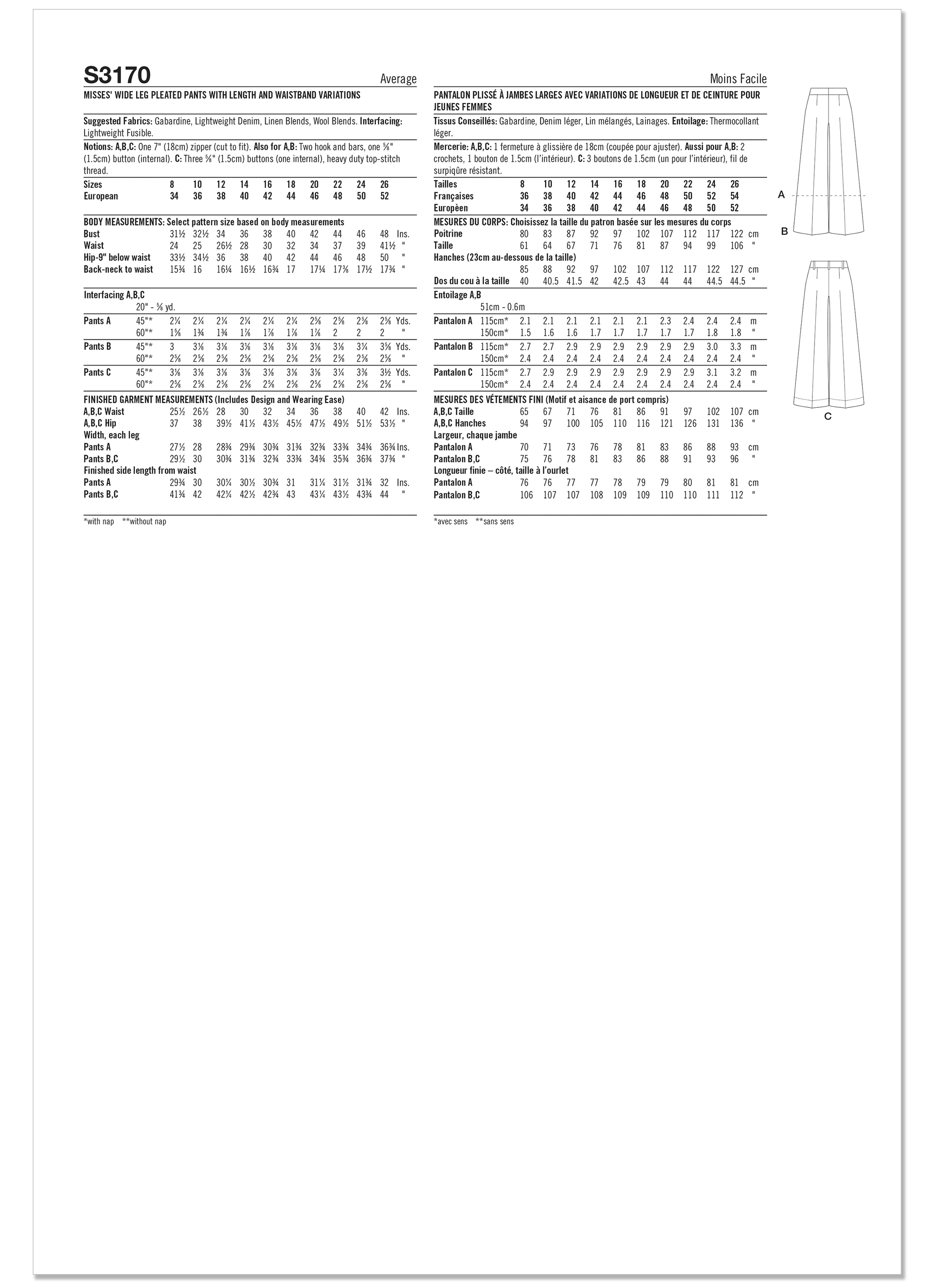 Simplicity Sewing Pattern S3170 Misses' Wide Leg Pleated Trousers with Length and Waistband Variations