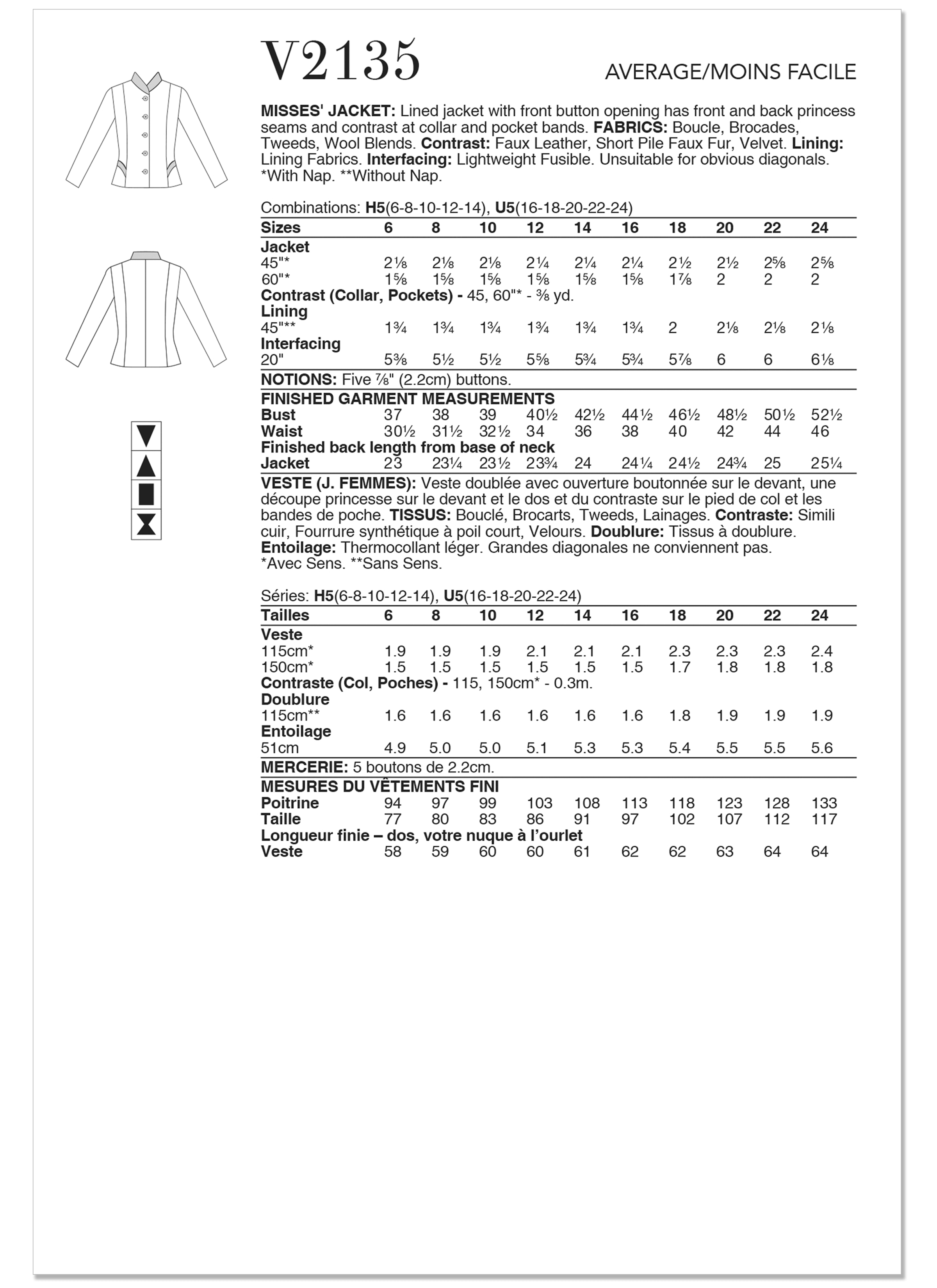 Vogue Patterns Sewing Pattern V2135 Misses' Jacket by Julio Cesar NYC