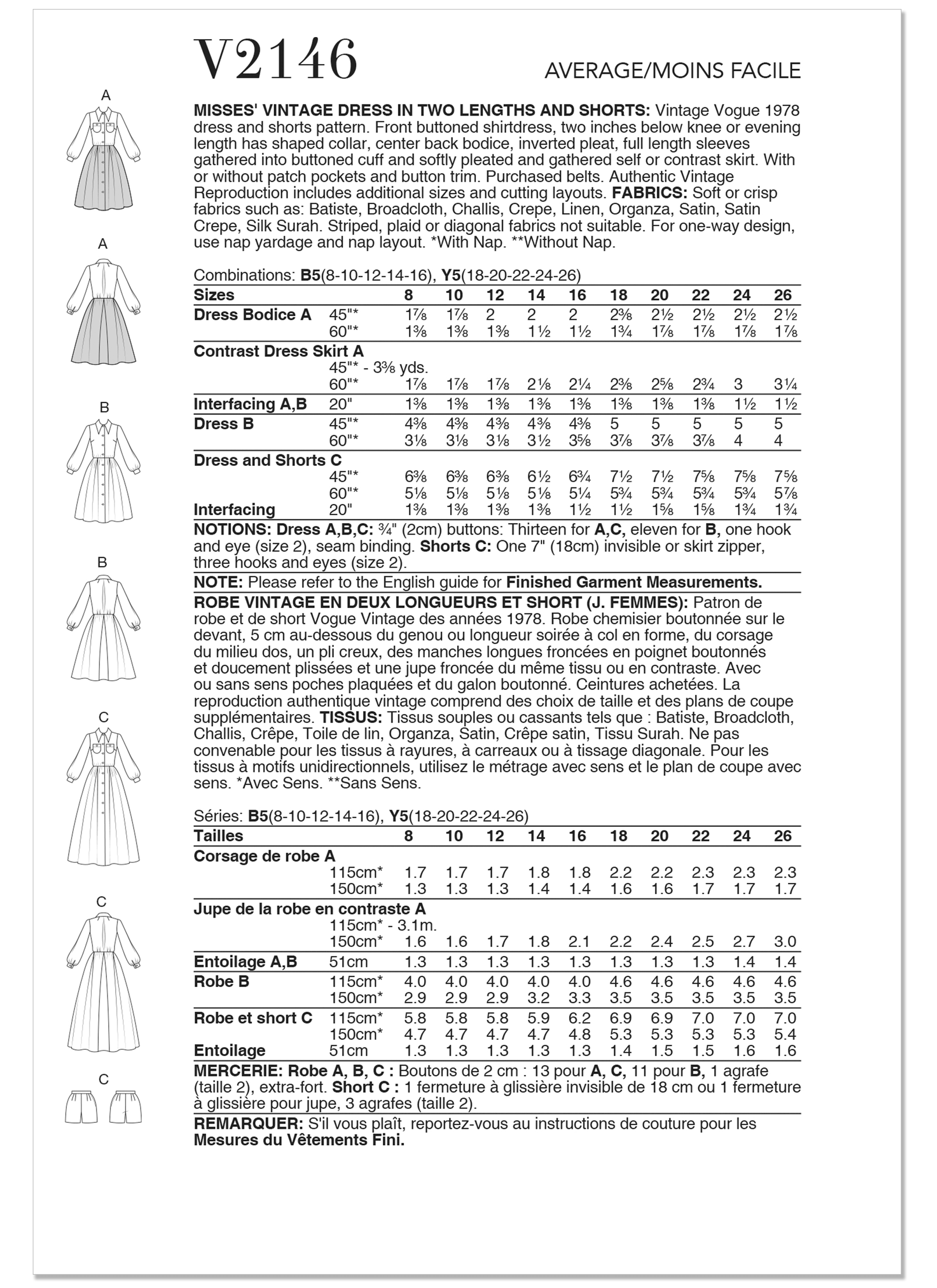 Vogue Patterns Sewing Pattern V2146 Misses' Vintage Dress in Two Lengths and Shorts